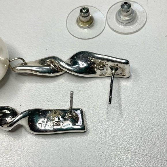 Sterling Silver Israel Electroform Faux Pearl Drop Earrings - Picture 3 of 5